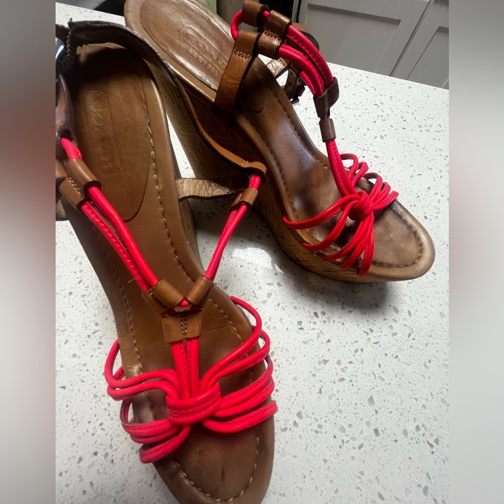 Coach Brown Leather Wedge Sandals with Bright Pink Straps